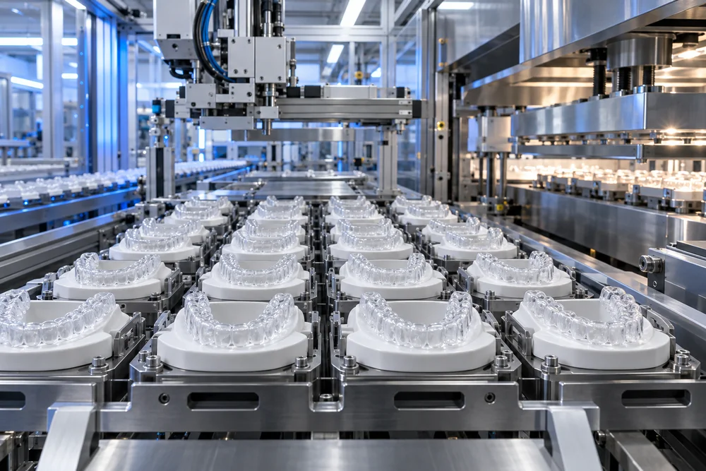 Concept image of an automated industrial clear aligner production line